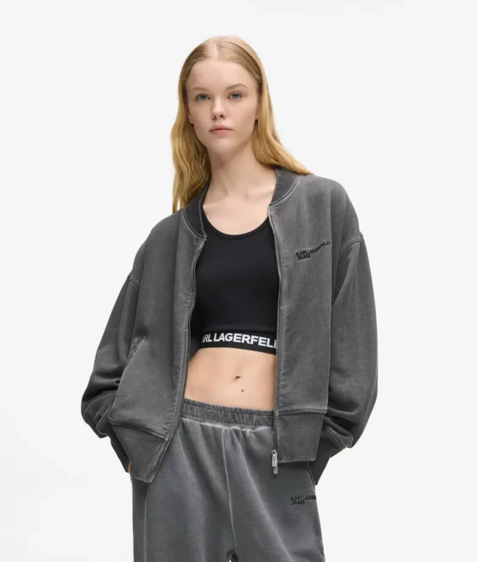 Gewaschenes Bomber-Sweatshirt mit Reißverschluss Gewaschenes Bomber-Sweatshirt mit Reißverschluss