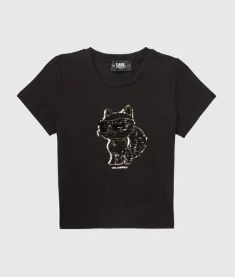 Mädchen-T-Shirt mit Pailletten und Ikon Choupette-Motiv Mädchen-T-Shirt mit Pailletten und Ikon Choupette-Motiv