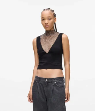 Oberteil mit V-Ausschnitt und Strass-Mesh