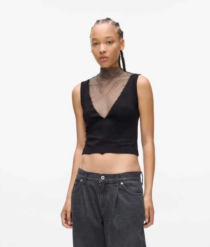Oberteil mit V-Ausschnitt und Strass-Mesh