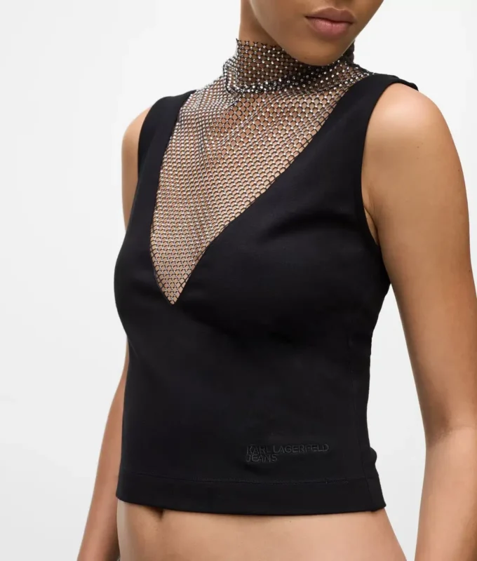Oberteil mit V-Ausschnitt und Strass-Mesh