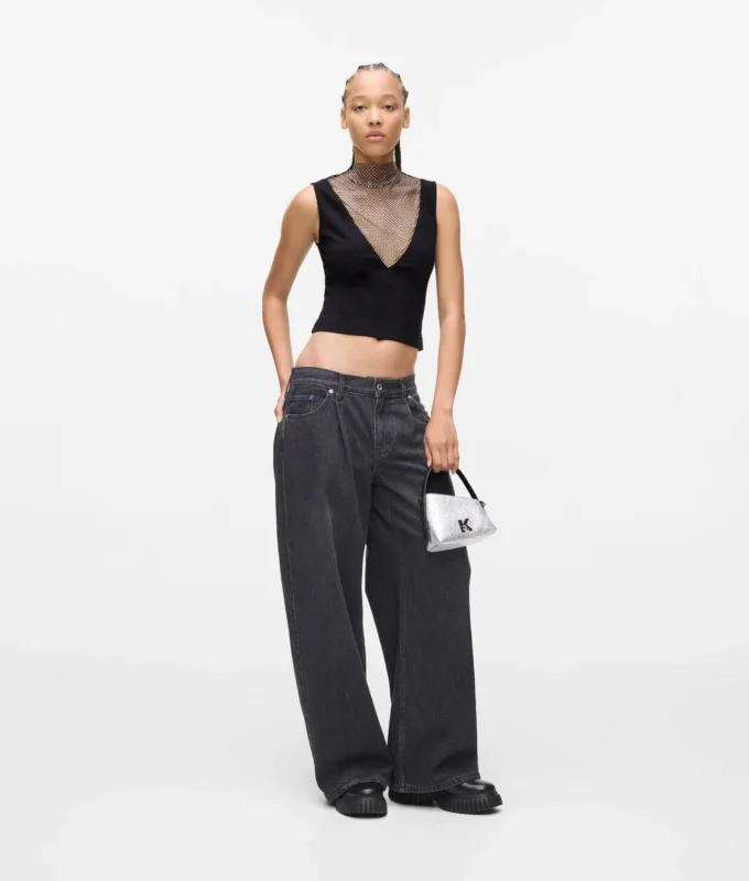 Oberteil mit V-Ausschnitt und Strass-Mesh