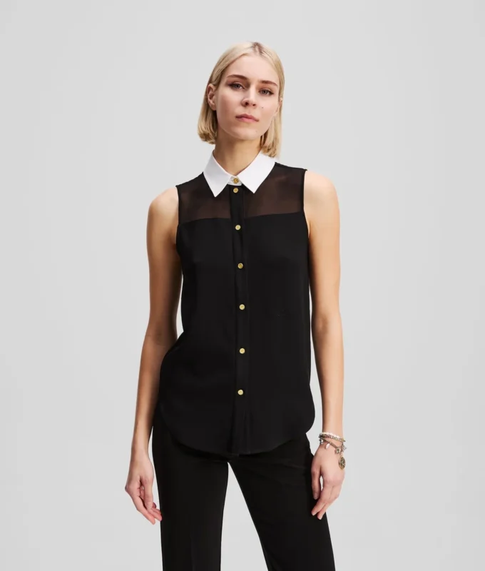 ÄRMELLOSE BLUSE MIT POPLIN-KRAGEN ÄRMELLOSE BLUSE MIT POPLIN-KRAGEN