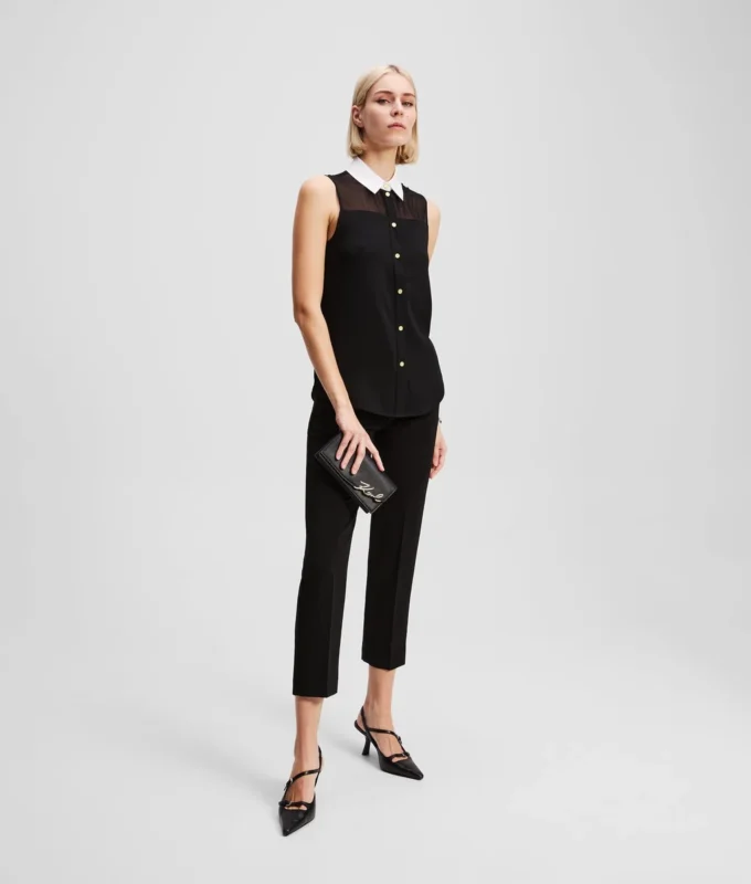 ÄRMELLOSE BLUSE MIT POPLIN-KRAGEN ÄRMELLOSE BLUSE MIT POPLIN-KRAGEN