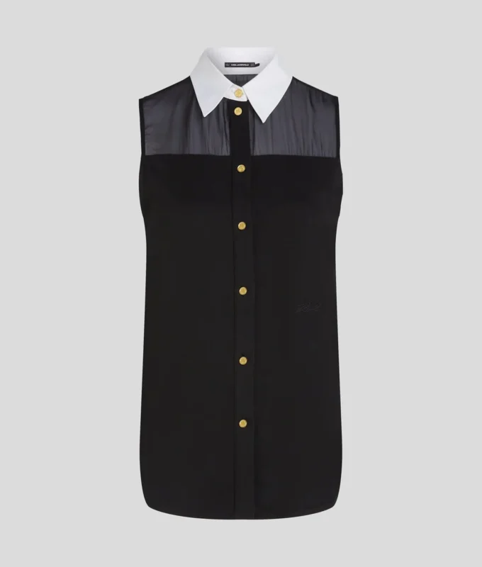 ÄRMELLOSE BLUSE MIT POPLIN-KRAGEN ÄRMELLOSE BLUSE MIT POPLIN-KRAGEN